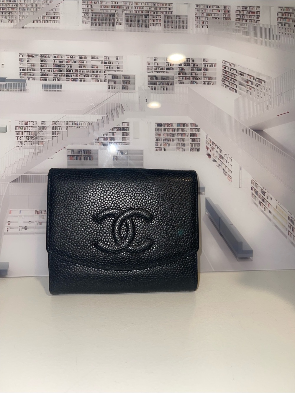 Authentic Vintage Chanel Black Caviar Leather CC Logo Compact Wallet Flap Wallet